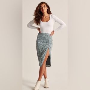 A&F light blue and white polka dot cinched midi skirt and matching top